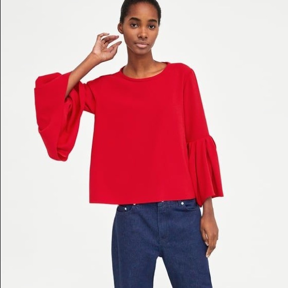 Zara Red Peplum sleeve top in size Medium - Picture 2 of 13
